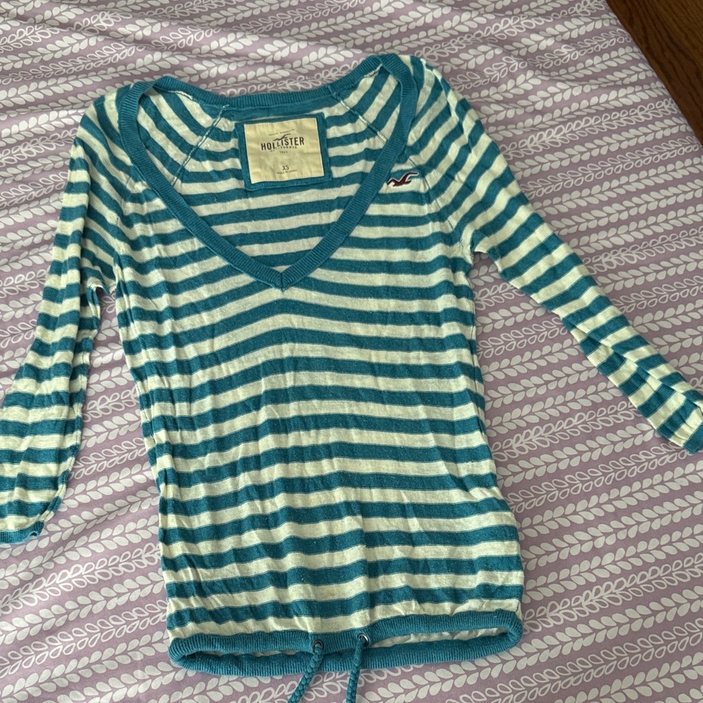 Hollister Teal and Cream Striped V-Neck Sweater